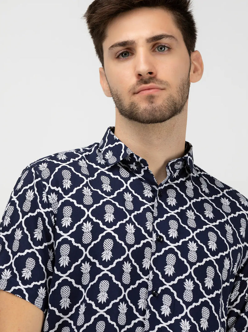 Blue Abstract Print Slim Fit Casual Shirt