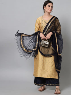 Embroidery Rayon Fabric Color Golden Beige Zari And Black Straight Kurti Trouser Set