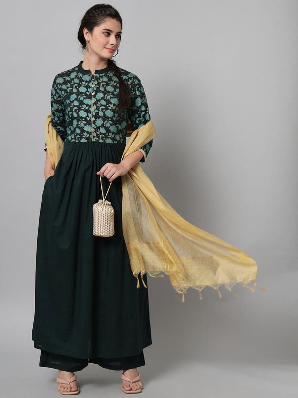 lovely Bottle Green cotton fabric Hand Block Printed Kurta Palazzo Set With Dupatta for women