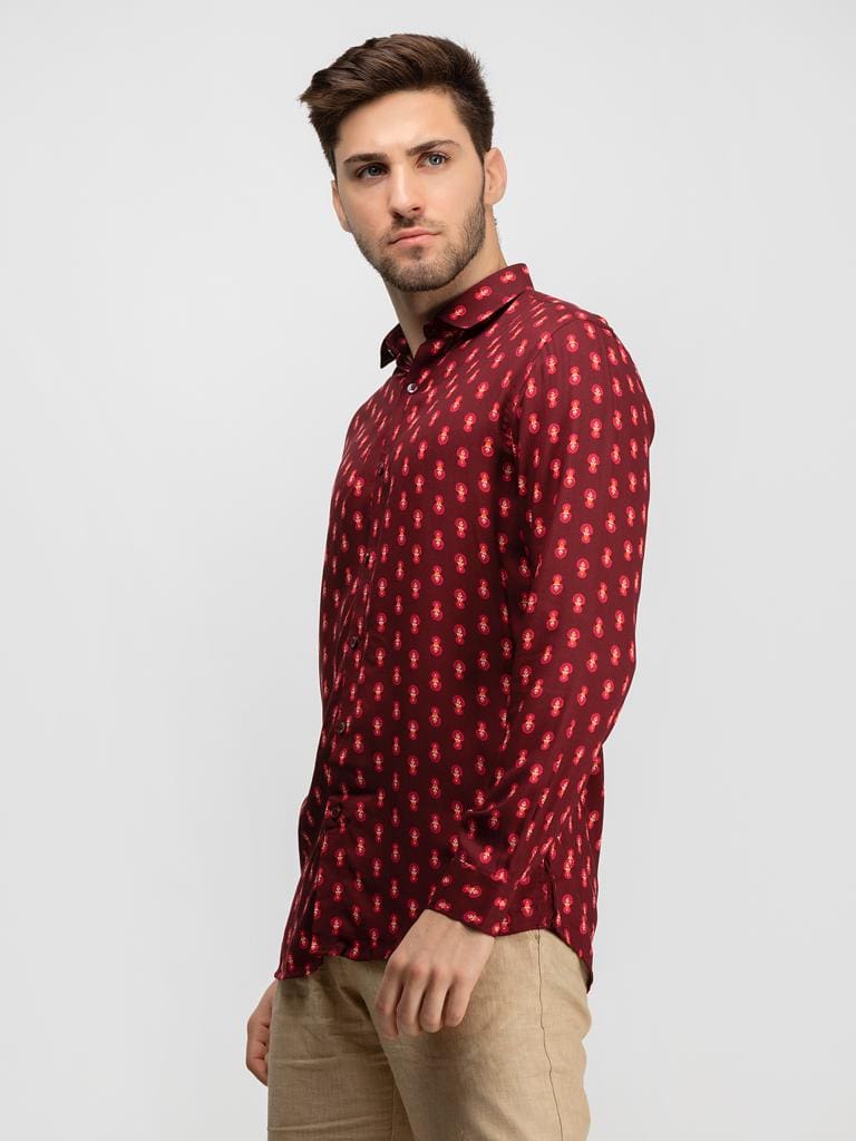 Floral Print Slim Fit Shirt Maroon Color