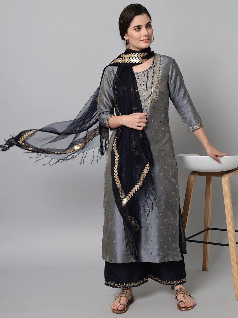 Embroidered Grey Kurta With Navy Blue Palazzo And Dupatta