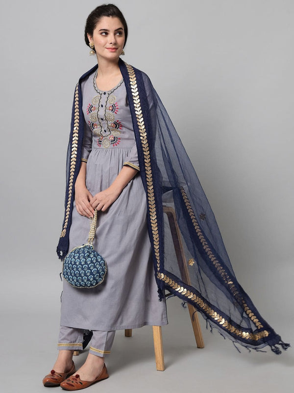 Beautiful Geometric Print Grey Embroidery Pure cotton Kurti With Trouser And Dupatta for Women.