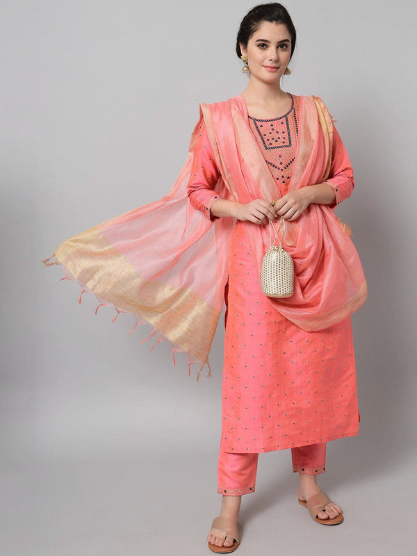 Charming Color Light Pink And Black Shades Embroidered Print Kurta Trousers Set And Dupatta For Women