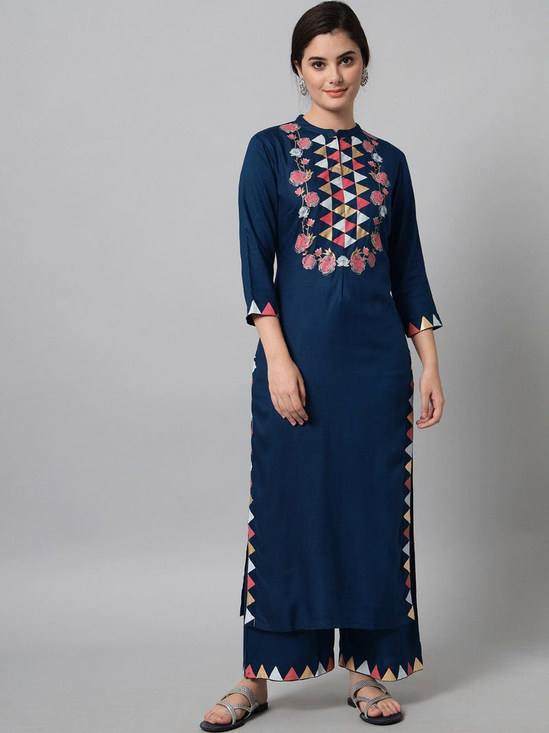 Elegant Rayon Fabric Color Navy Blue With Triangle and Flower Printed Kurta Trouser Set