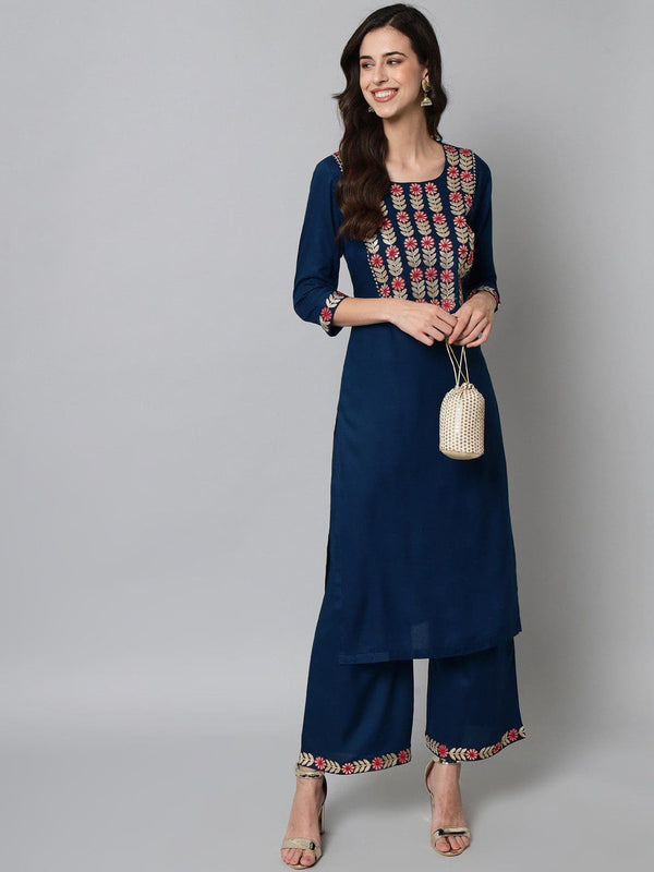 Exclusive Rayon Embroidery Kurti Teal Blue Colour With Palazzo For Women.