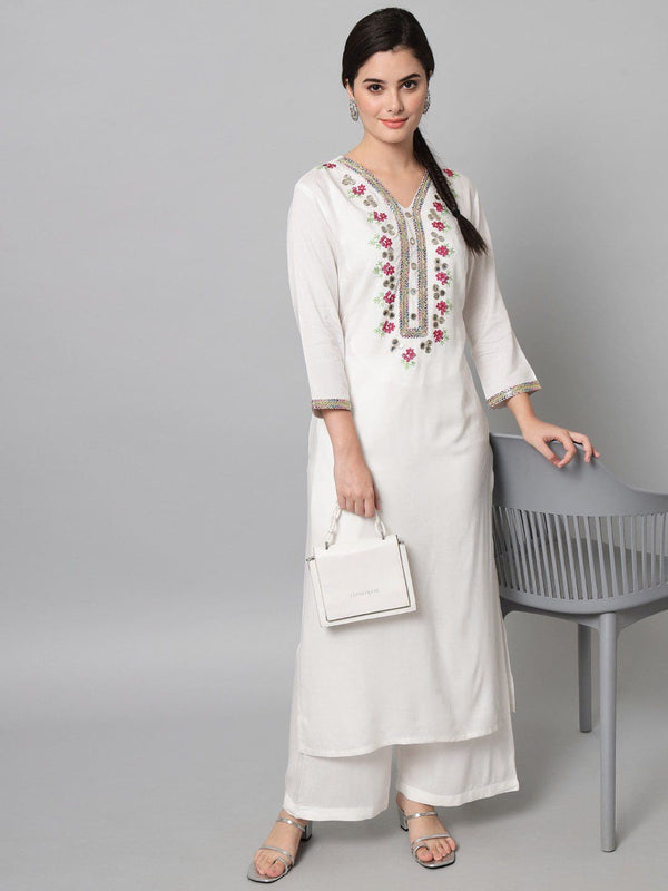 Stunning white color viscose rayon fabric with embroidered pattern kurta with palazzo for women